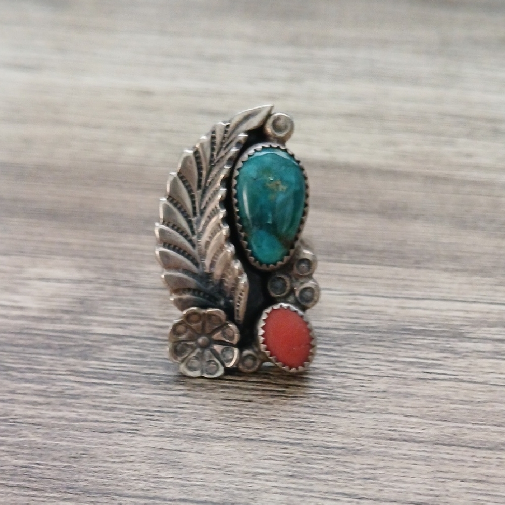 Silver Turquoise and Coral Ring